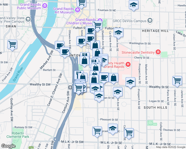 map of restaurants, bars, coffee shops, grocery stores, and more near 309 Division Avenue South in Grand Rapids