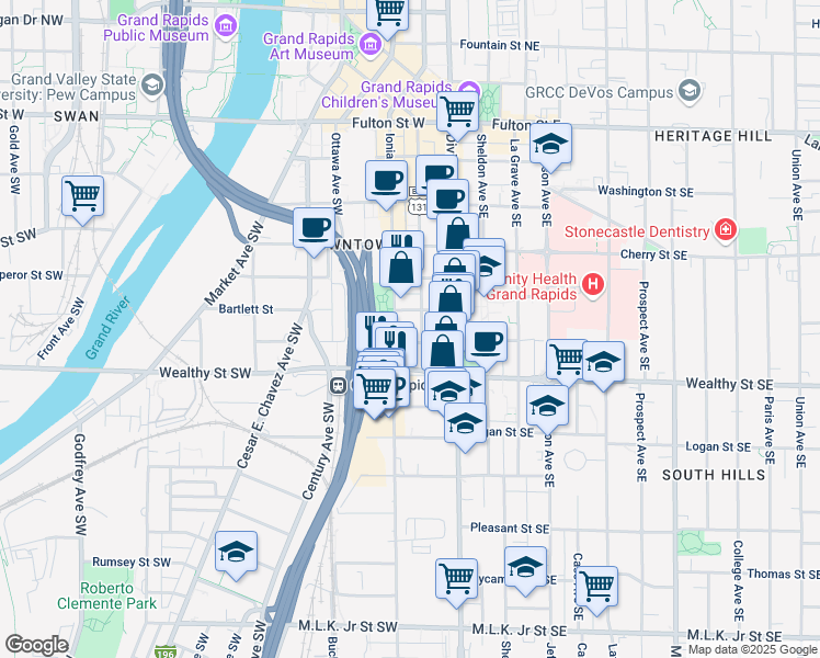 map of restaurants, bars, coffee shops, grocery stores, and more near 315 Commerce Avenue Southwest in Grand Rapids