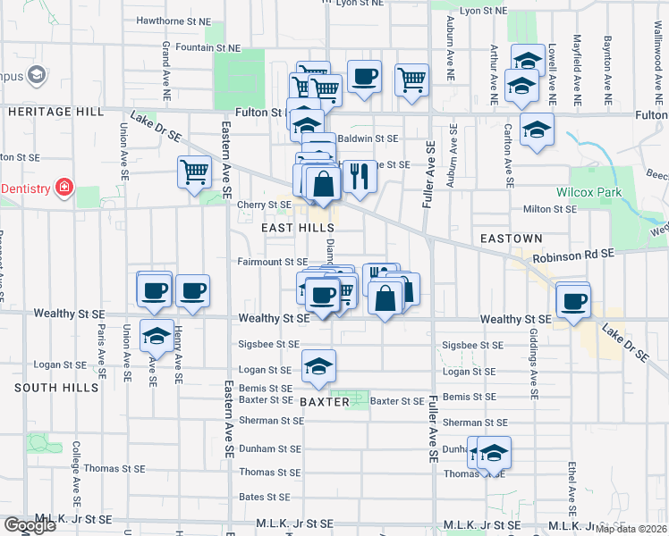 map of restaurants, bars, coffee shops, grocery stores, and more near 314 Diamond Avenue Southeast in Grand Rapids