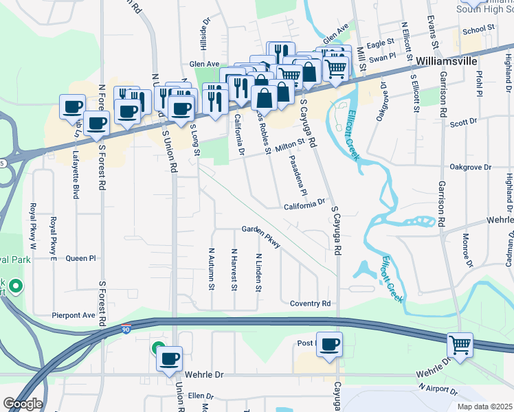 map of restaurants, bars, coffee shops, grocery stores, and more near 165 California Drive in Buffalo