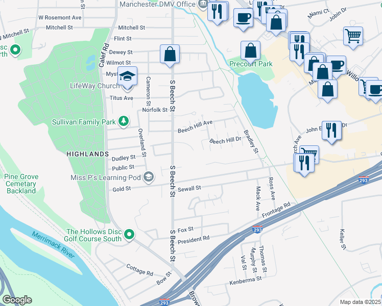 map of restaurants, bars, coffee shops, grocery stores, and more near 73 Lisa Lane in Manchester
