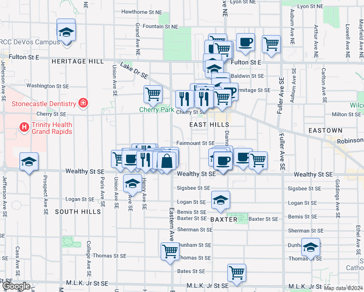 map of restaurants, bars, coffee shops, grocery stores, and more near 820 Fairmount Street Southeast in Grand Rapids
