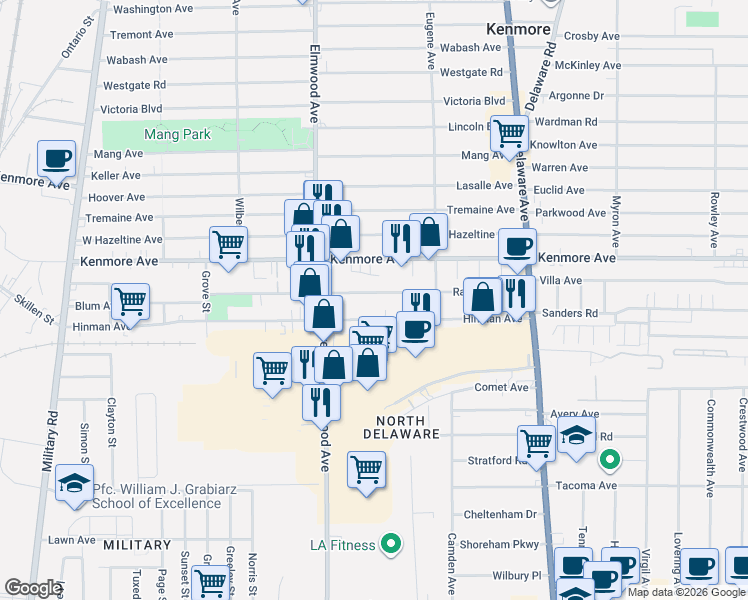 map of restaurants, bars, coffee shops, grocery stores, and more near 171 Hinman Avenue in Buffalo
