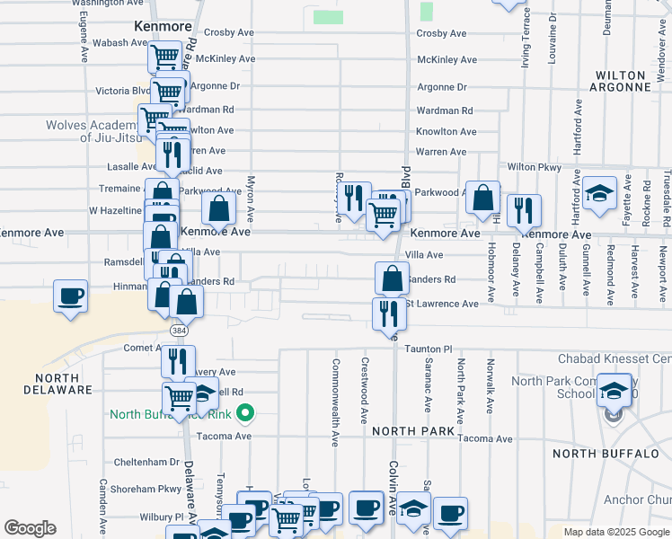 map of restaurants, bars, coffee shops, grocery stores, and more near 204 Sanders Road in Buffalo