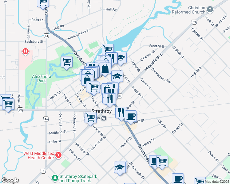 map of restaurants, bars, coffee shops, grocery stores, and more near 18 Colborne Street in Strathroy