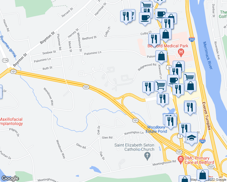map of restaurants, bars, coffee shops, grocery stores, and more near 44 Briston Court in Bedford