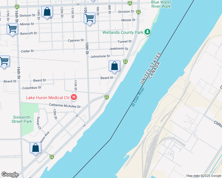 map of restaurants, bars, coffee shops, grocery stores, and more near 2469 Military Street in Port Huron