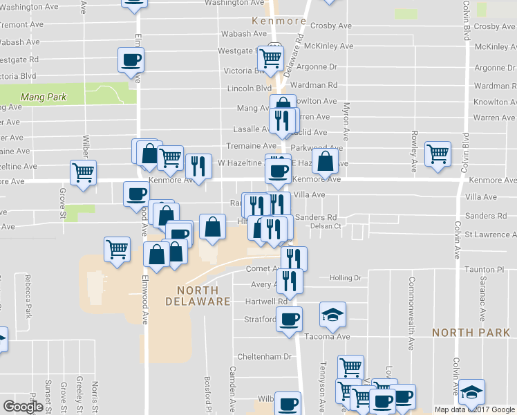 map of restaurants, bars, coffee shops, grocery stores, and more near 48 Ramsdell Avenue in Buffalo