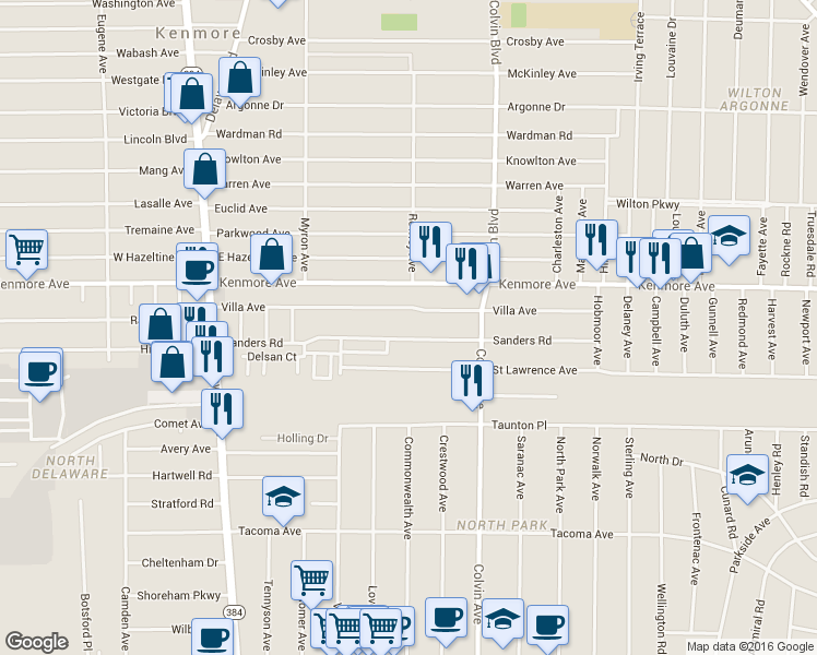 map of restaurants, bars, coffee shops, grocery stores, and more near 140-204 Sanders Road in Buffalo