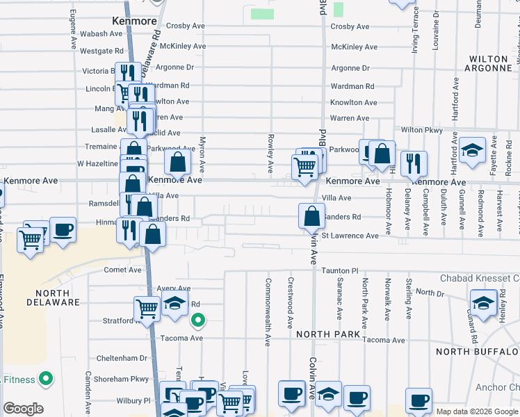 map of restaurants, bars, coffee shops, grocery stores, and more near 190 Sanders Road in Buffalo