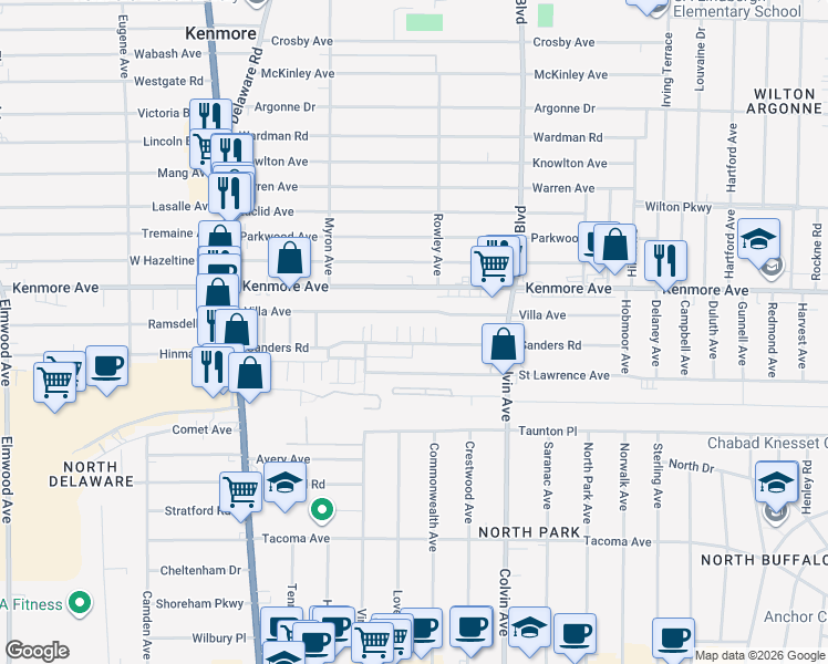 map of restaurants, bars, coffee shops, grocery stores, and more near 180 Sanders Road in Buffalo