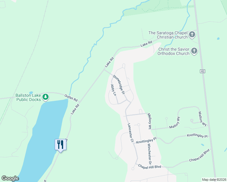 map of restaurants, bars, coffee shops, grocery stores, and more near Abby Lane in Ballston Lake