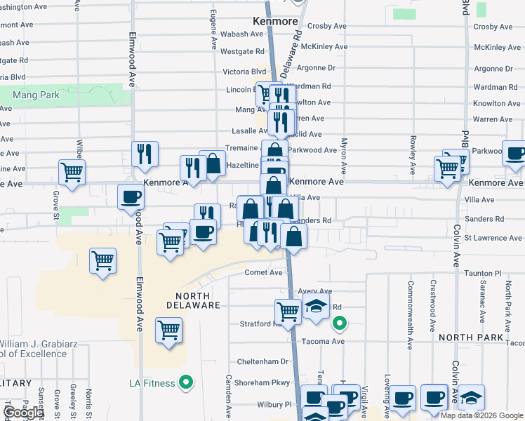 map of restaurants, bars, coffee shops, grocery stores, and more near 53 Hinman Avenue in Buffalo