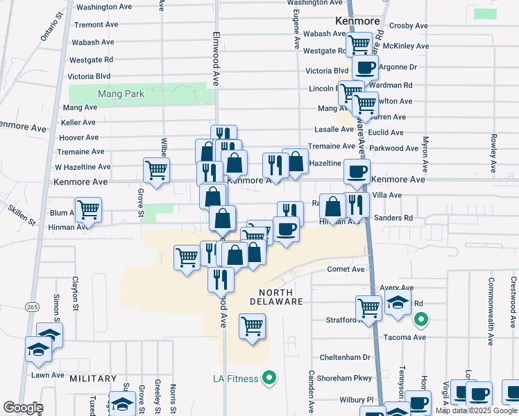 map of restaurants, bars, coffee shops, grocery stores, and more near 171 Hinman Avenue in Buffalo
