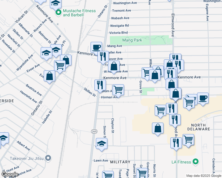 map of restaurants, bars, coffee shops, grocery stores, and more near 27 Blum Avenue in Buffalo