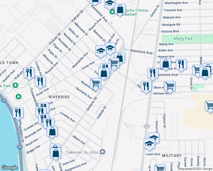 map of restaurants, bars, coffee shops, grocery stores, and more near 146 Philadelphia Street in Buffalo