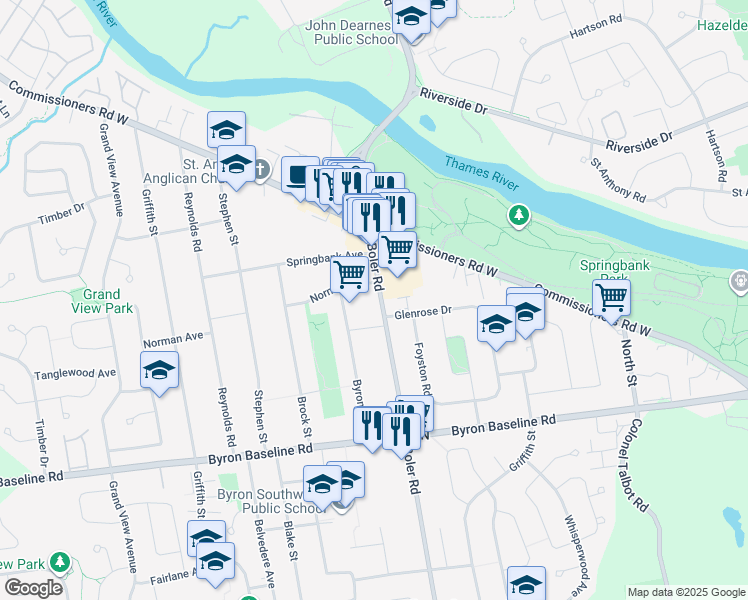 map of restaurants, bars, coffee shops, grocery stores, and more near 339 Boler Road in London