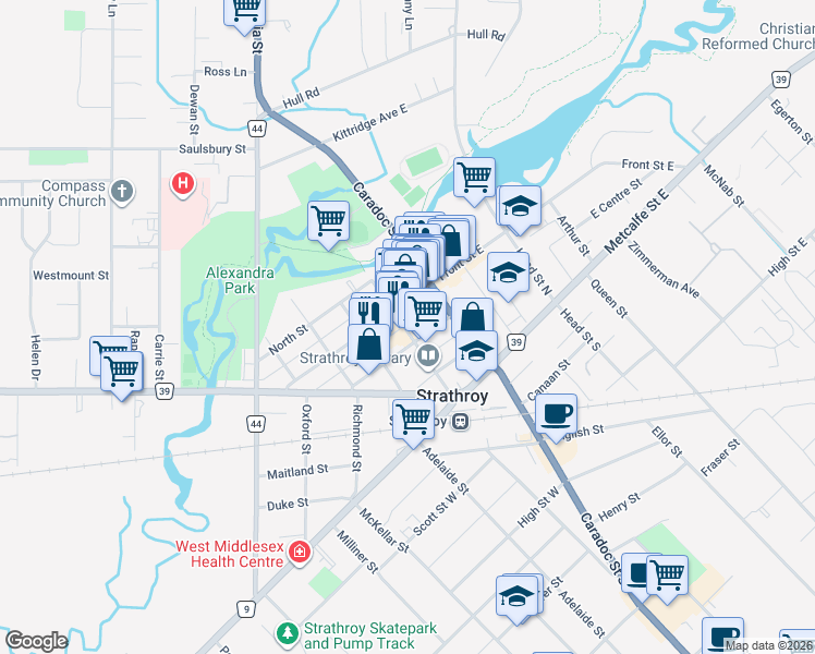 map of restaurants, bars, coffee shops, grocery stores, and more near 65 Centre Street West in Strathroy