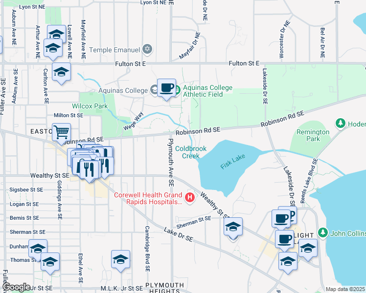 map of restaurants, bars, coffee shops, grocery stores, and more near 330 Plymouth Avenue Southeast in East Grand Rapids
