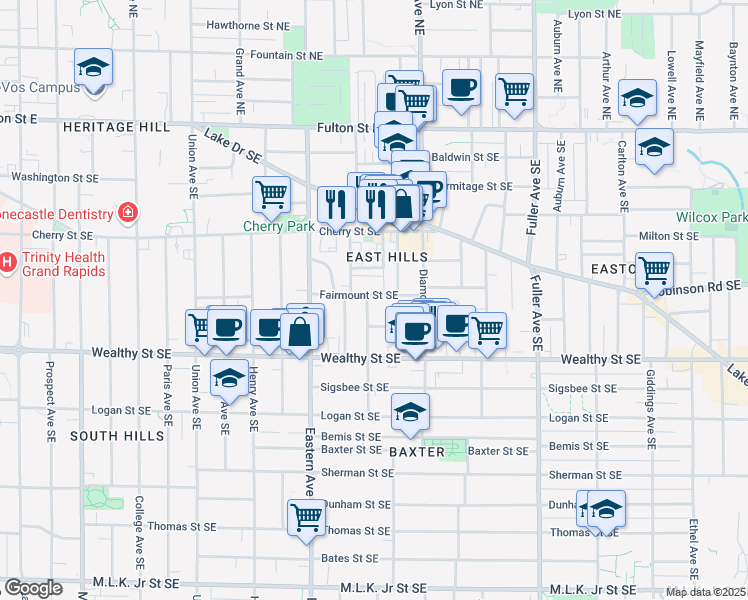 map of restaurants, bars, coffee shops, grocery stores, and more near 315 Eureka Avenue Southeast in Grand Rapids