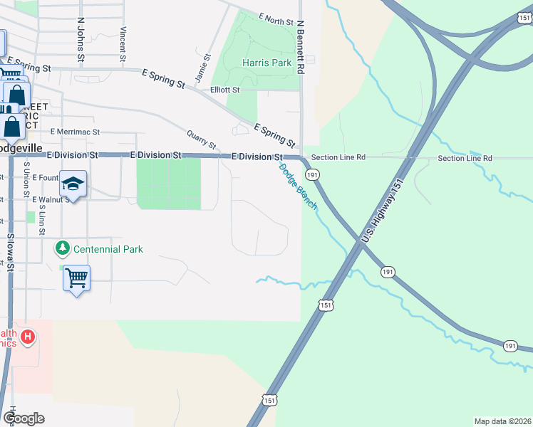 map of restaurants, bars, coffee shops, grocery stores, and more near 313 Diamond Oaks Drive in Dodgeville