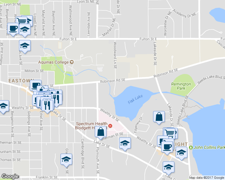 map of restaurants, bars, coffee shops, grocery stores, and more near 1950 Robinson Road Southeast in East Grand Rapids