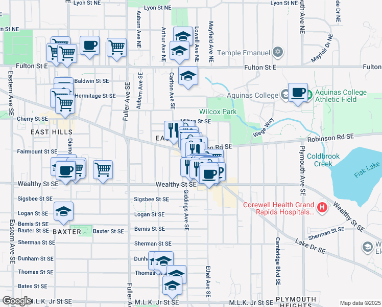 map of restaurants, bars, coffee shops, grocery stores, and more near 1400 Lake Drive Southeast in East Grand Rapids