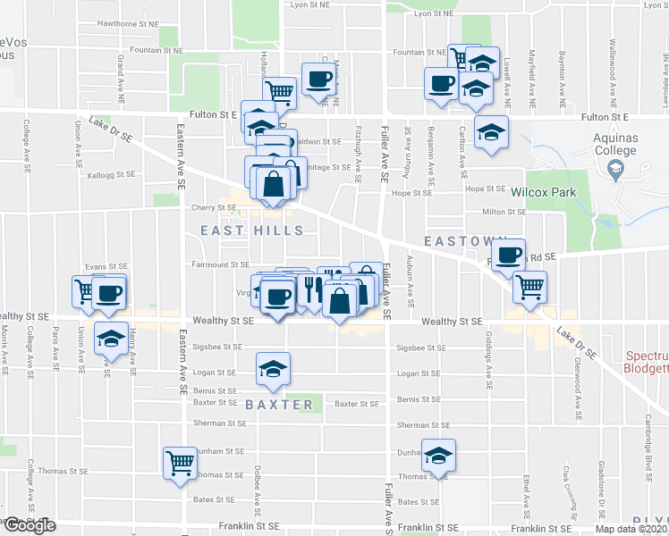 map of restaurants, bars, coffee shops, grocery stores, and more near 301 Calkins Avenue Southeast in Grand Rapids