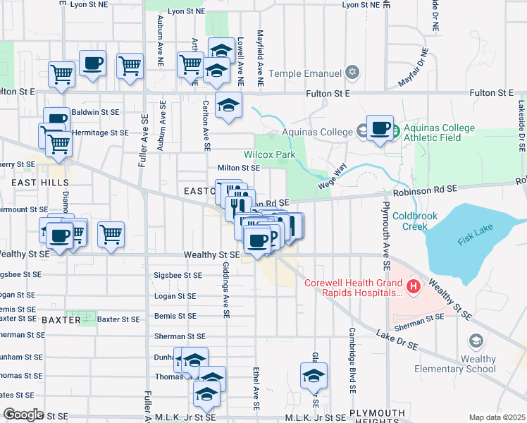 map of restaurants, bars, coffee shops, grocery stores, and more near 309 Hampton Avenue Southeast in Grand Rapids