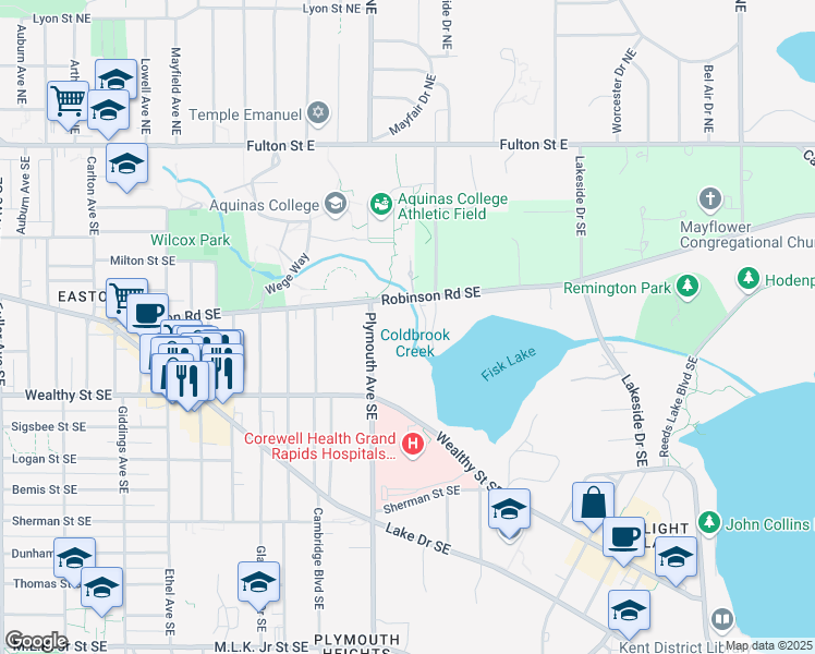 map of restaurants, bars, coffee shops, grocery stores, and more near 250 Plymouth Avenue Southeast in East Grand Rapids