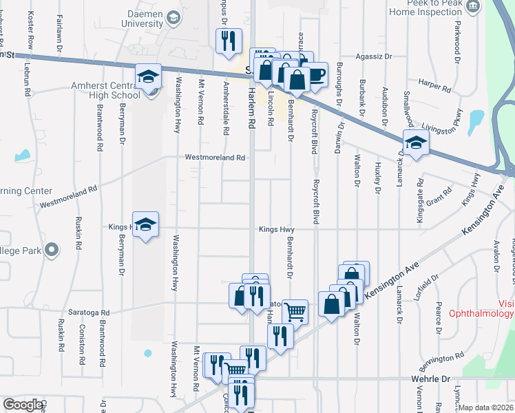 map of restaurants, bars, coffee shops, grocery stores, and more near 57 Hamilton Drive in Buffalo