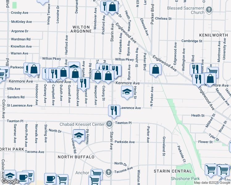 map of restaurants, bars, coffee shops, grocery stores, and more near 611 Starin Avenue in Buffalo