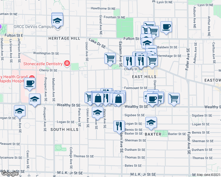 map of restaurants, bars, coffee shops, grocery stores, and more near 316 Henry Avenue Southeast in Grand Rapids