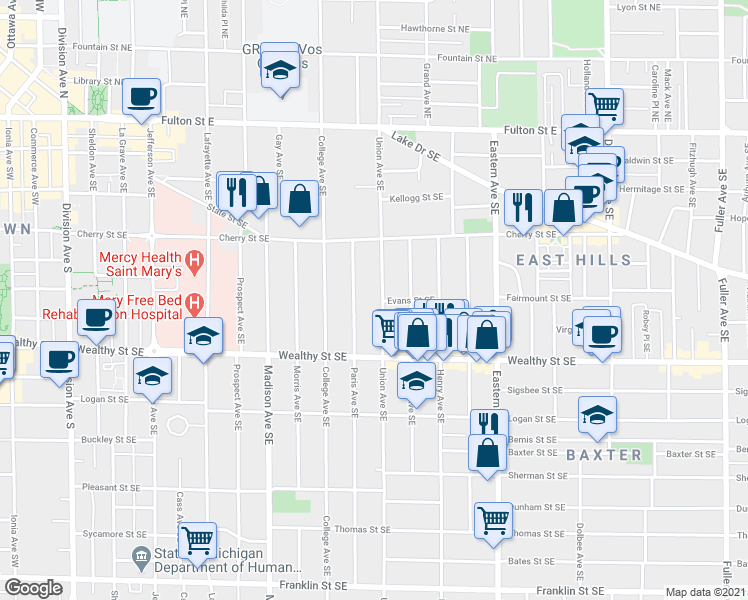 map of restaurants, bars, coffee shops, grocery stores, and more near 311 Union Avenue Southeast in Grand Rapids