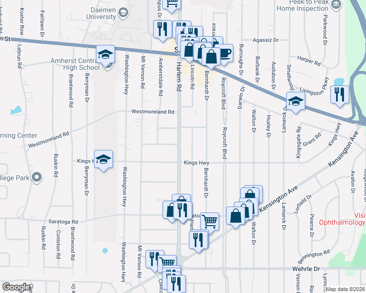 map of restaurants, bars, coffee shops, grocery stores, and more near 57 Hamilton Drive in Buffalo