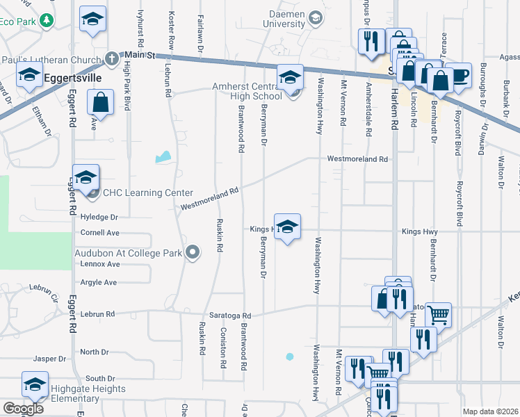map of restaurants, bars, coffee shops, grocery stores, and more near 246 Berryman Drive in Buffalo