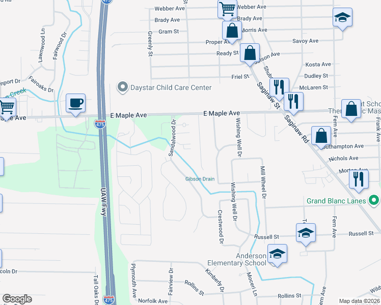 map of restaurants, bars, coffee shops, grocery stores, and more near 5108 Rockwood Drive in Grand Blanc