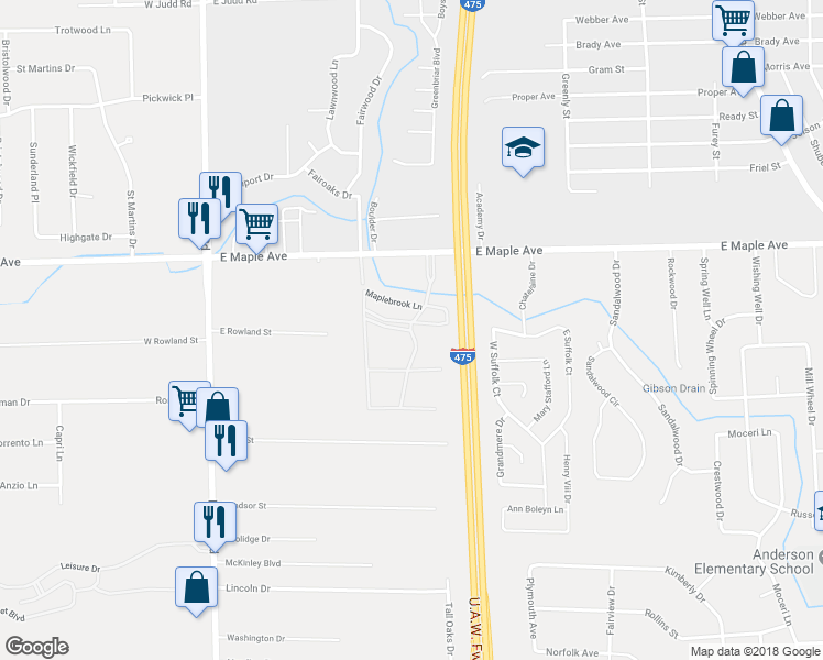 map of restaurants, bars, coffee shops, grocery stores, and more near 6474 Maplebrook Lane in Flint