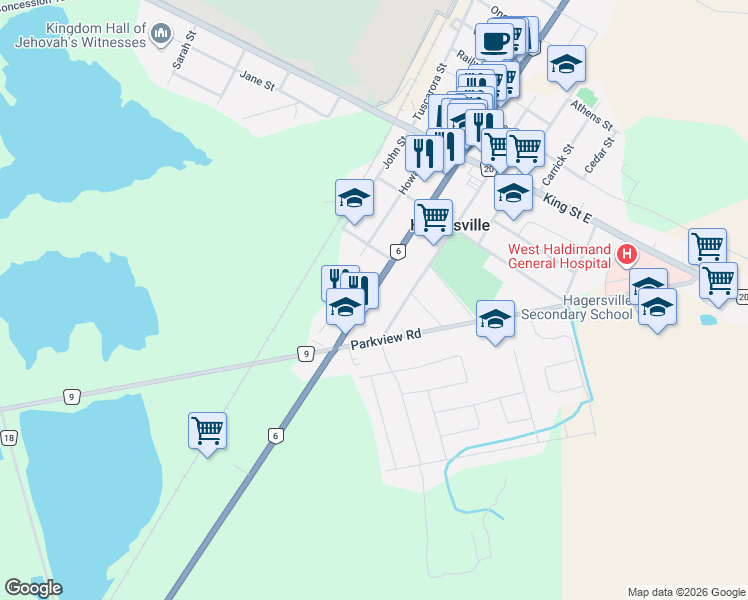 map of restaurants, bars, coffee shops, grocery stores, and more near 79 Main Street South in Hagersville