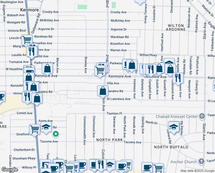 map of restaurants, bars, coffee shops, grocery stores, and more near 605 Colvin Avenue in Buffalo