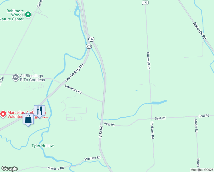 map of restaurants, bars, coffee shops, grocery stores, and more near 3832 South Street Road in Marcellus