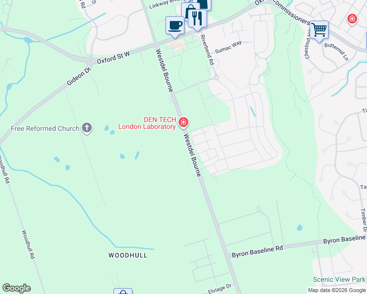 map of restaurants, bars, coffee shops, grocery stores, and more near 1401 Westdel Bourne in London