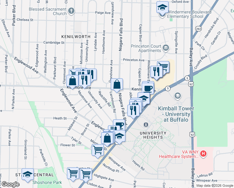 map of restaurants, bars, coffee shops, grocery stores, and more near 105 Niagara Falls Boulevard in Buffalo
