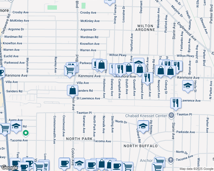 map of restaurants, bars, coffee shops, grocery stores, and more near 34 Delaney Avenue in Buffalo