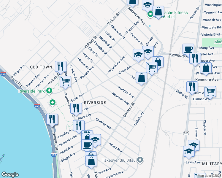 map of restaurants, bars, coffee shops, grocery stores, and more near 94 Henrietta Avenue in Buffalo