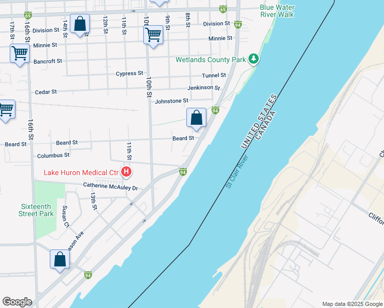 map of restaurants, bars, coffee shops, grocery stores, and more near 2458 Military Street in Port Huron