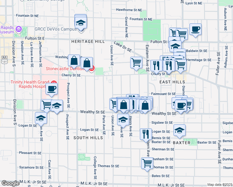 map of restaurants, bars, coffee shops, grocery stores, and more near 309 James Avenue Southeast in Grand Rapids