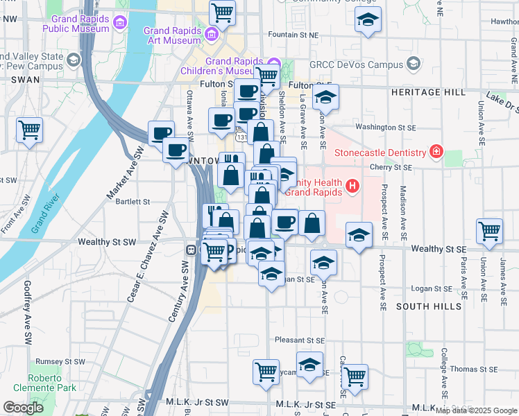 map of restaurants, bars, coffee shops, grocery stores, and more near 309 Division Avenue South in Grand Rapids