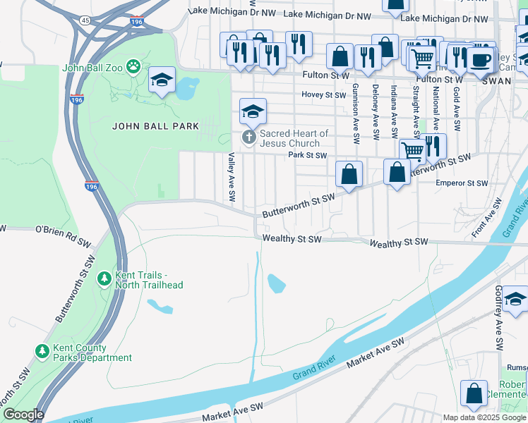 map of restaurants, bars, coffee shops, grocery stores, and more near 1149 Wealthy Street Southwest in Grand Rapids