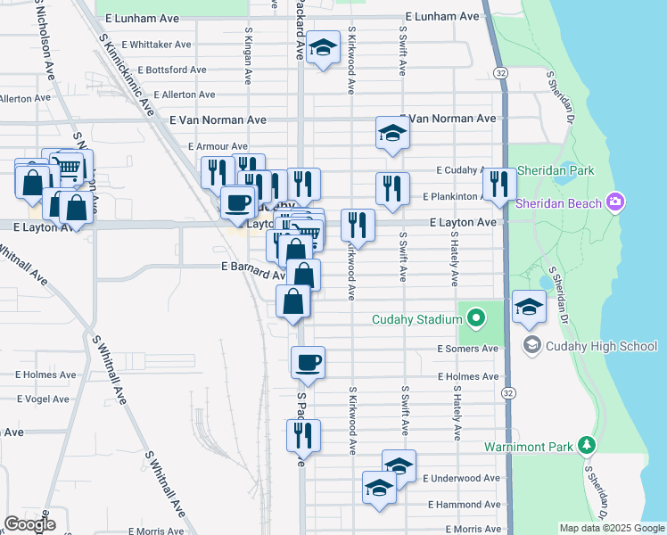 map of restaurants, bars, coffee shops, grocery stores, and more near 3663 East Barnard Avenue in Cudahy